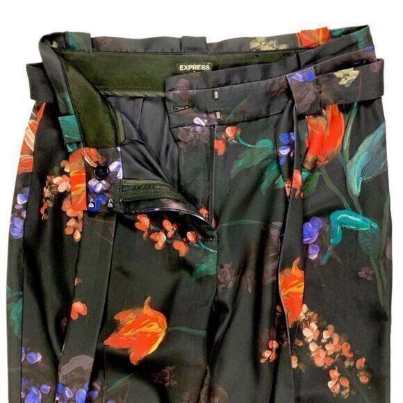Express Paper Bag Pants Womens 6 Floral High Waisted Satin Shabby Chic Trousers - Picture 3 of 16